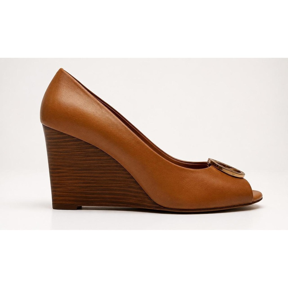 Tory Burch Wedge Heels Women 8M Tan Good Leather Peep Toe Gold Logo 9438